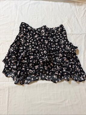 Floral Ruffle Mini Skirt - Black with Pink Floral